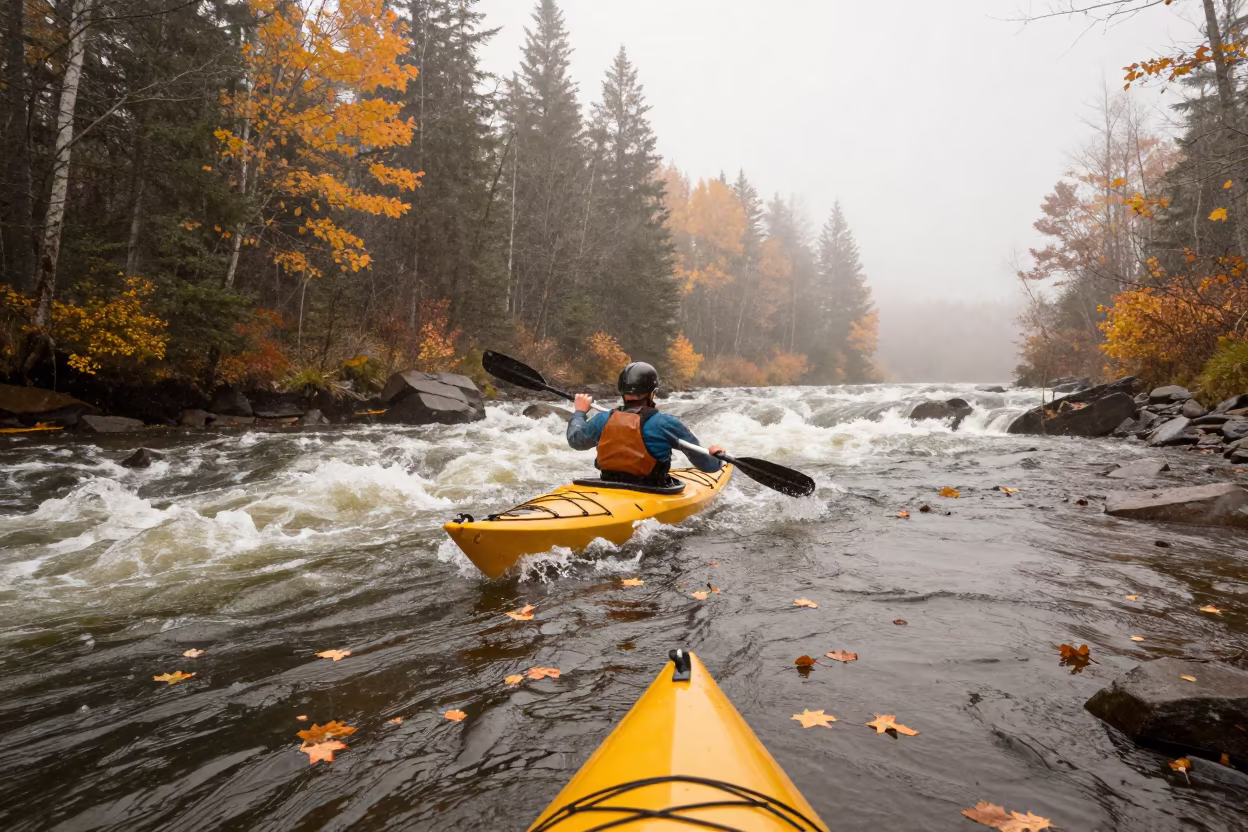 Kayak Navigating Autumn Rapids in Foggy Saskatchewan in beside a fogbound harbor mouth in Saskatchewan