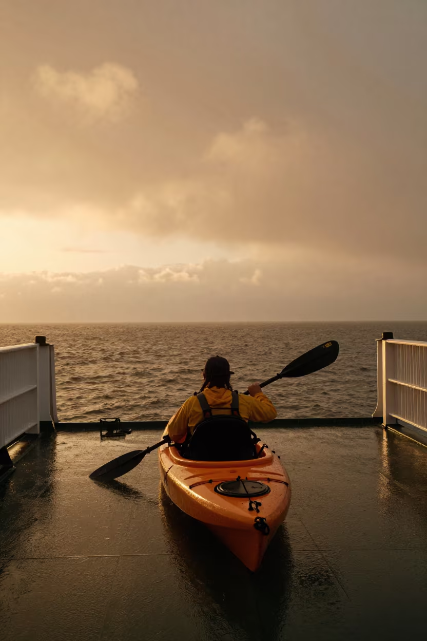 Kayak on Ferry Crossing Golden Hour Monsoon in across a remote ferry crossing in Michigan