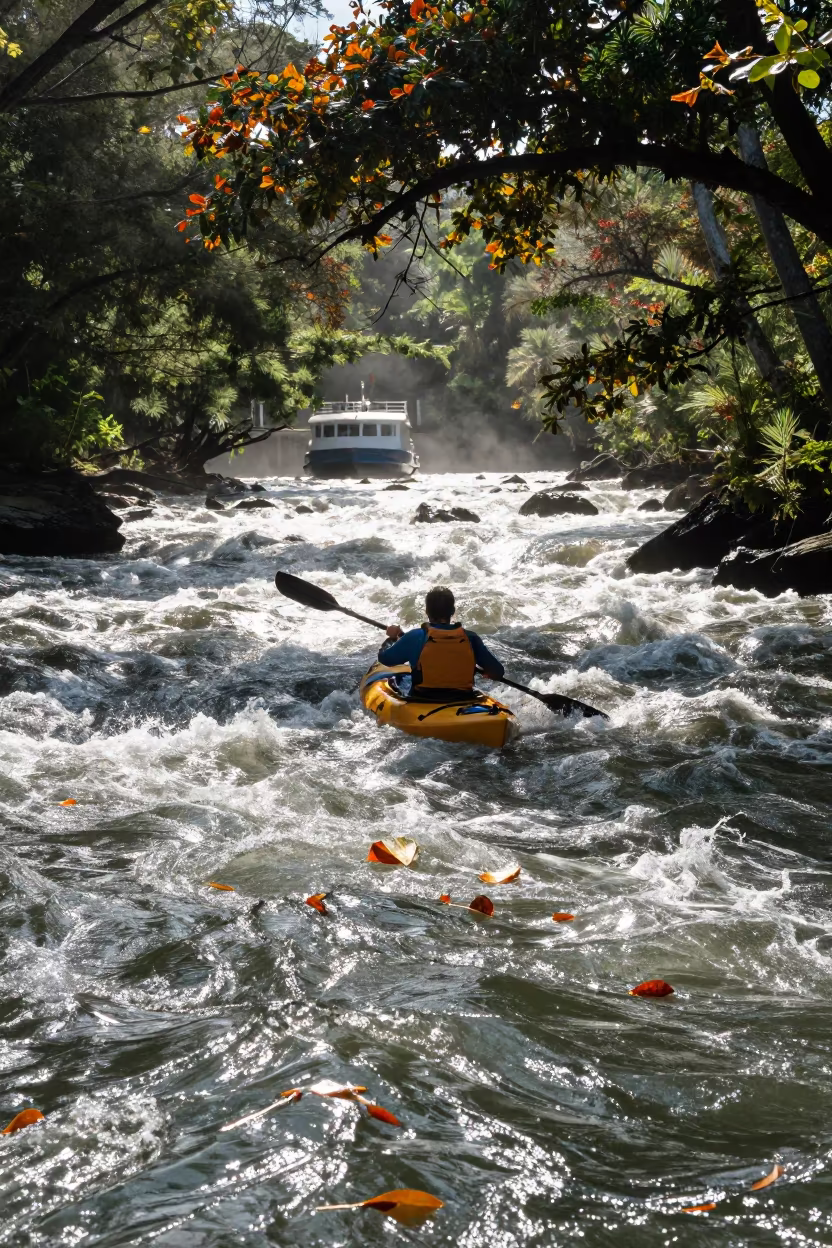 Kayak Navigating Hawaii Rapids with Autumn Leaves in across a remote ferry crossing in Hawaii