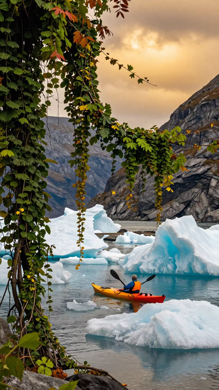 Kayak Through Jungle Vines in Autumn Fjord in beside a fogbound harbor mouth near Bursa