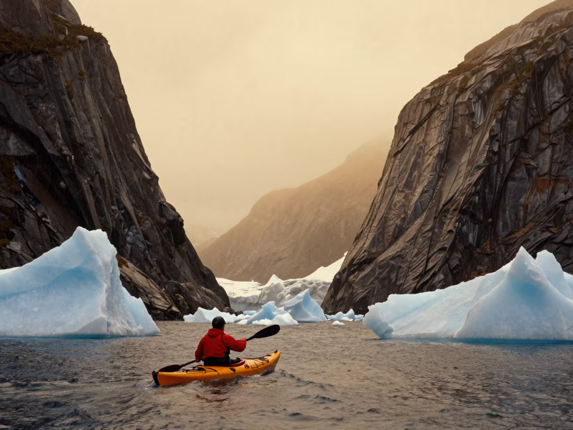 Kayak Navigating Icebergs in Patagonian Fjord in along a switchback approach in Patagonia