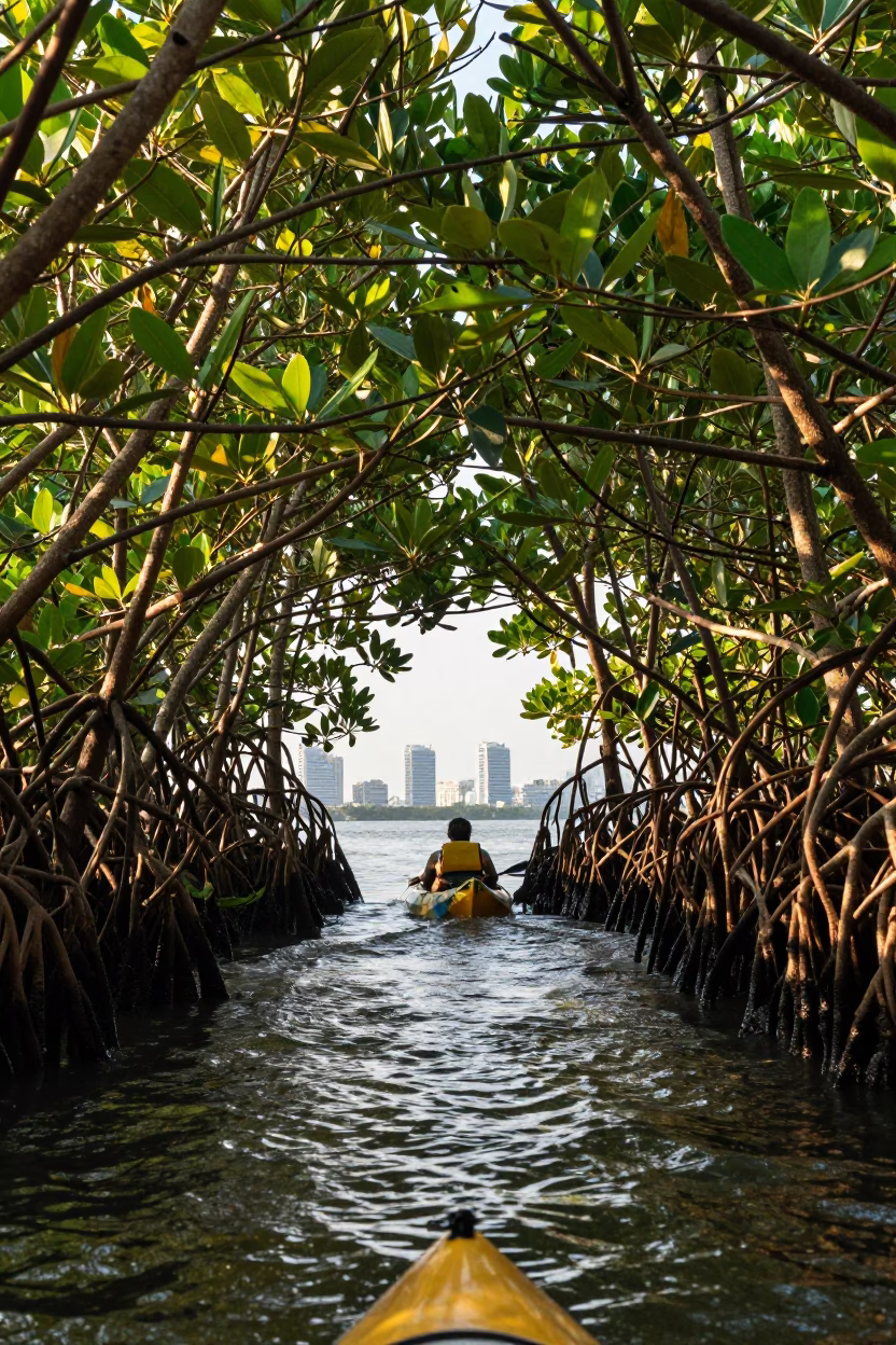 Kayak Navigating Thu Thiem Mangrove Tunnel in along a switchback approach near Thu Thiem, Ho Chi Minh City