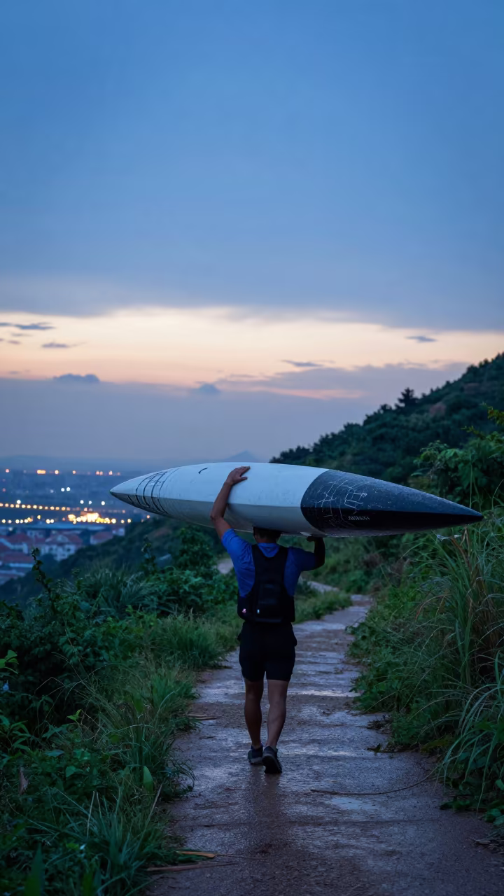 Kayaker Carrying Hull Through Blue Hour Mist in on a mountain path near Tianjin