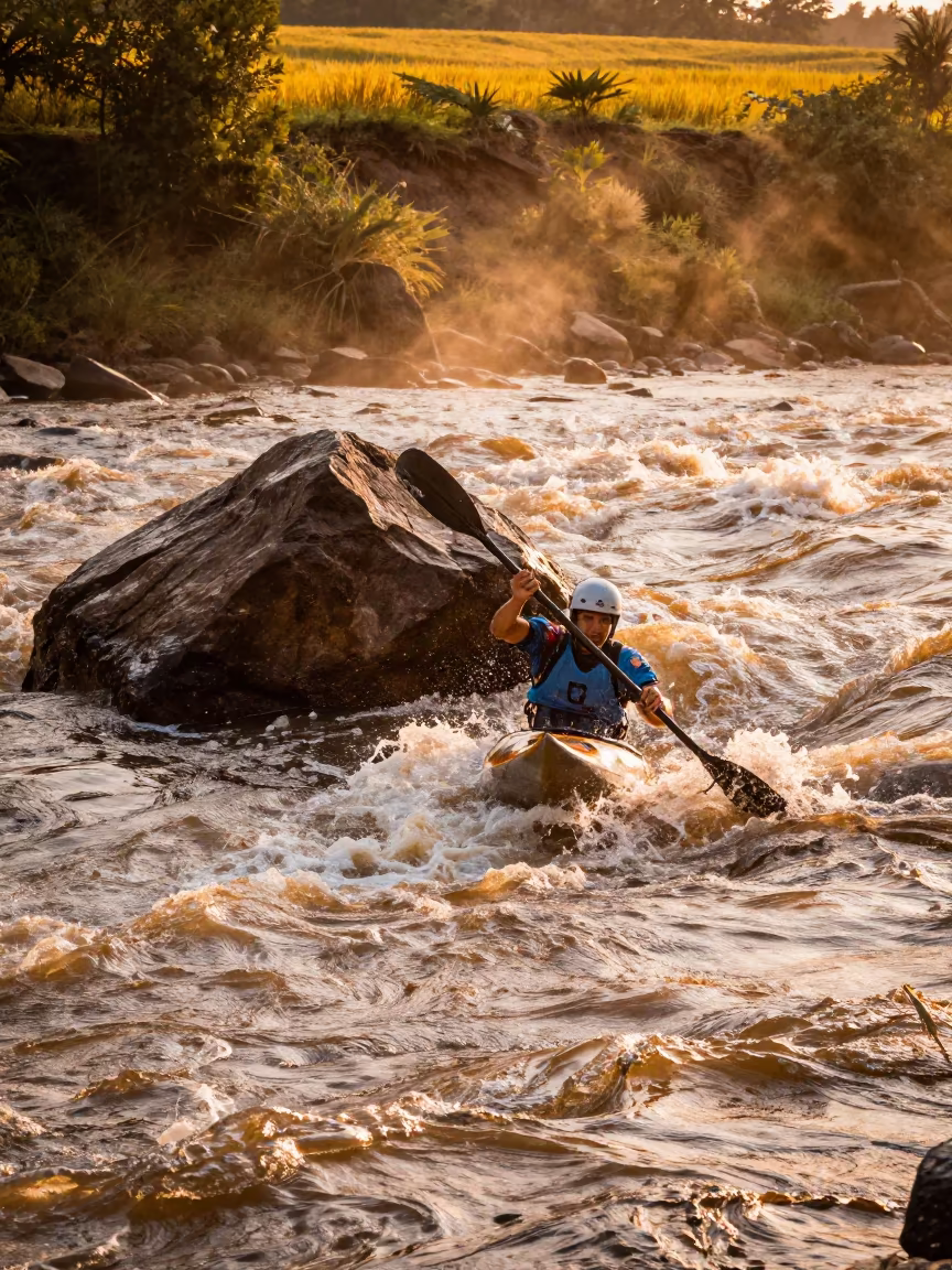 Kayaker Eddy Turn Behind Boulder in Copper Light in near open fields near Touba