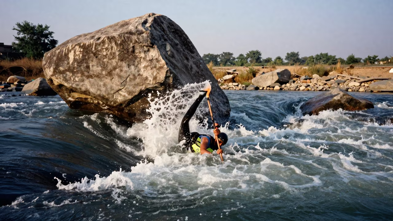 Kayaker Eddy Turn Behind Boulder Saharanpur in at a roadside stop near Saharanpur