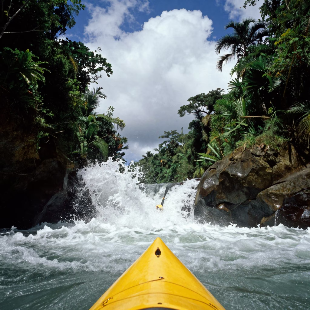 Kayaker Punches Standing Wave Gorge Costa Rica in on a hillside near San Jose Costa Rica