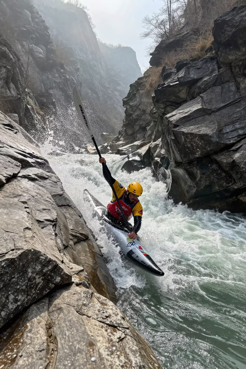 Kayaker Punches Standing Wave in Gorge in on a mountain path near Cotonou