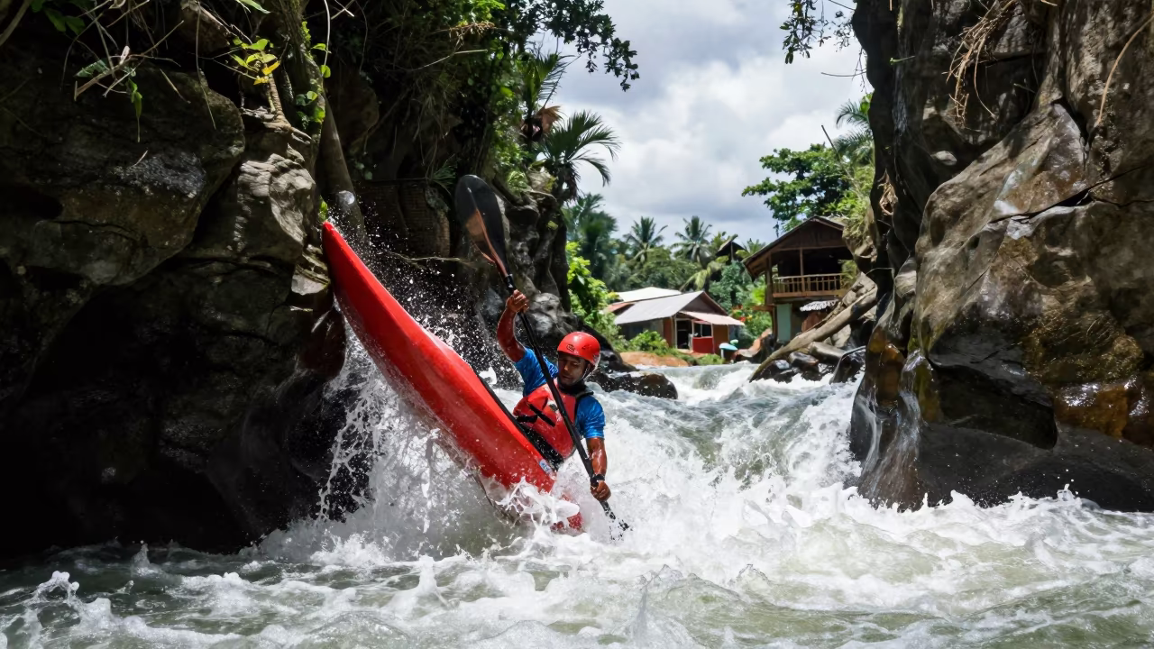 Kayaker Punches Standing Wave in Ondo Gorge in in a village lane near Ondo