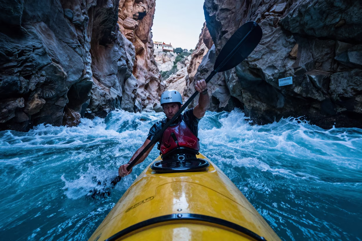Kayaker Punching Standing Wave in Gorge at Dusk in at a roadside stop near Ibiza