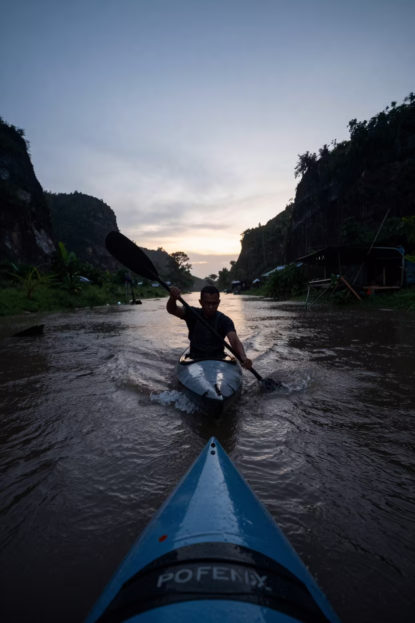 Kayaker Punctures Standing Wave Dawn Gorge Lane in in a village lane near Bandar Lampung