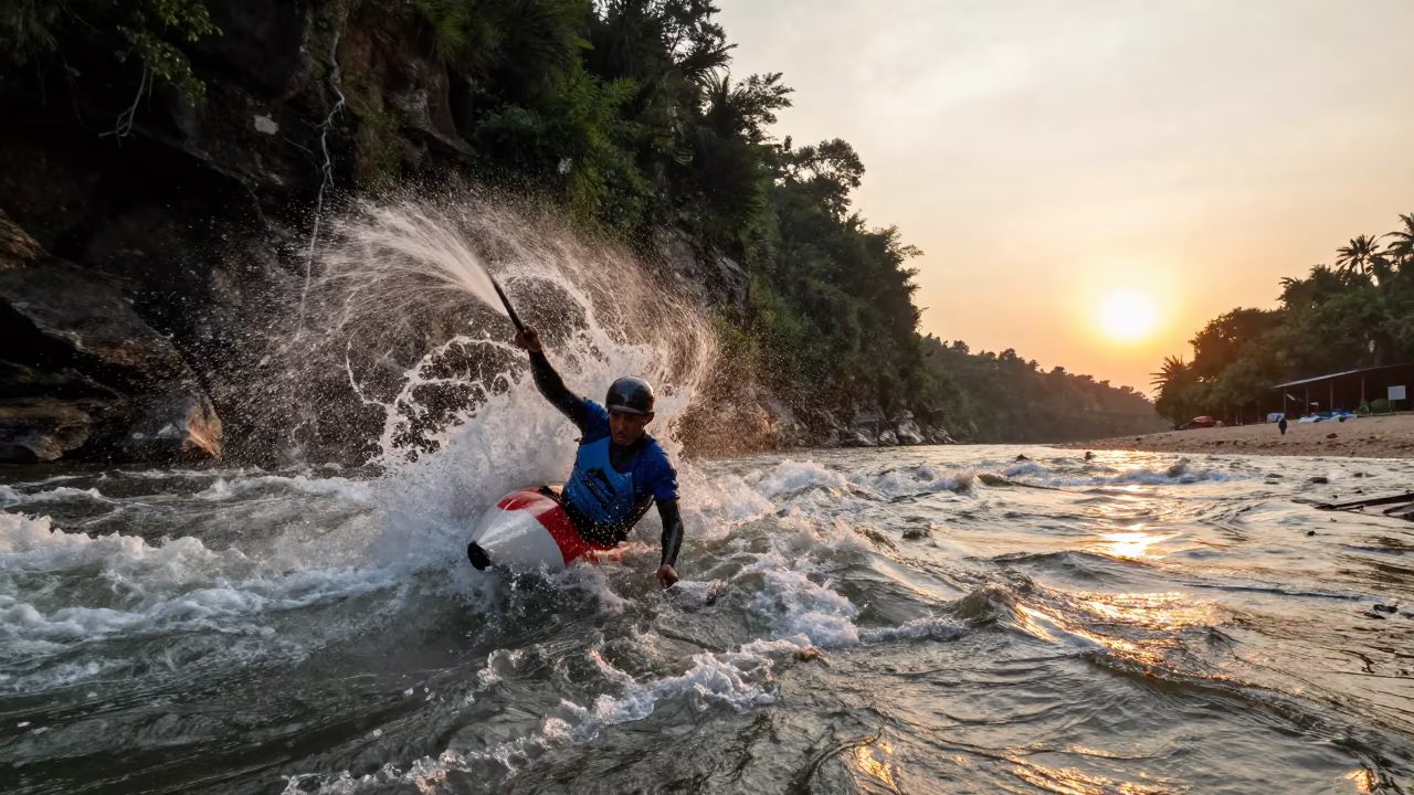 Kayaker Punctures Standing Wave in Gorge at Dusk in along a beach near Palembang