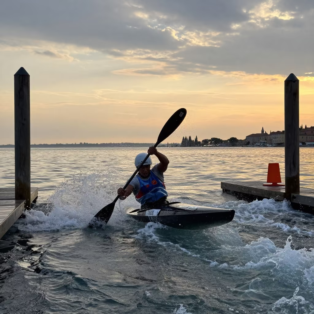 Kayaker Racing Dawn Gates Verona Harbor in at a harbor quay near Verona