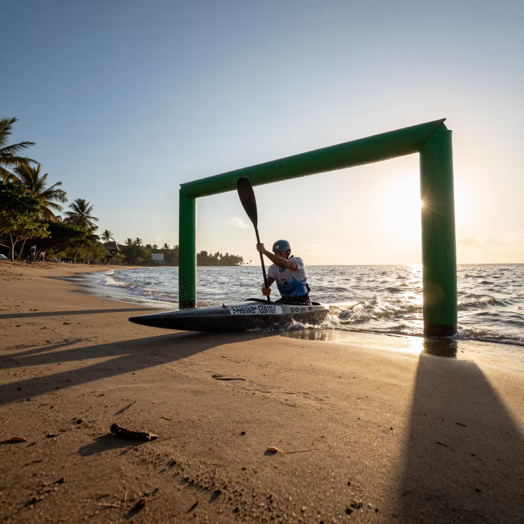 Kayaker Racing Gates Near Malabo Beach in along a beach near Malabo