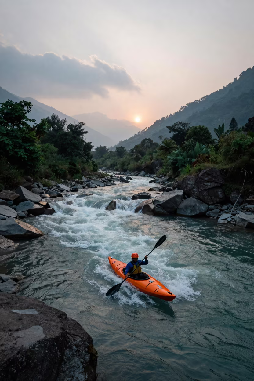 Kayaker Riding Mountain River Wave at Dawn in along a switchback approach near Pokhara