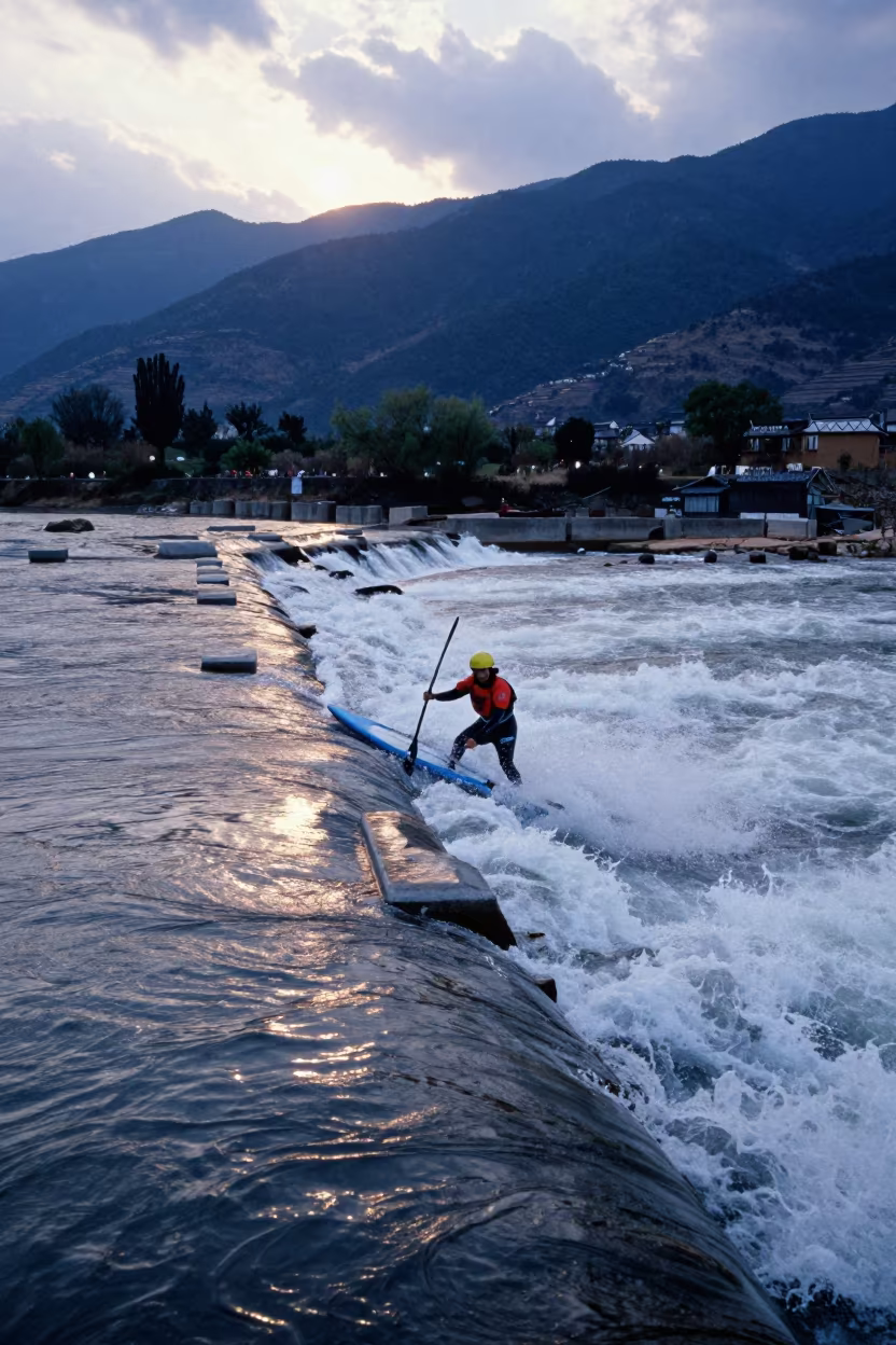 Kayaker Riding Standing Wave on Yunnan Causeway in on a wind-open causeway in Yunnan