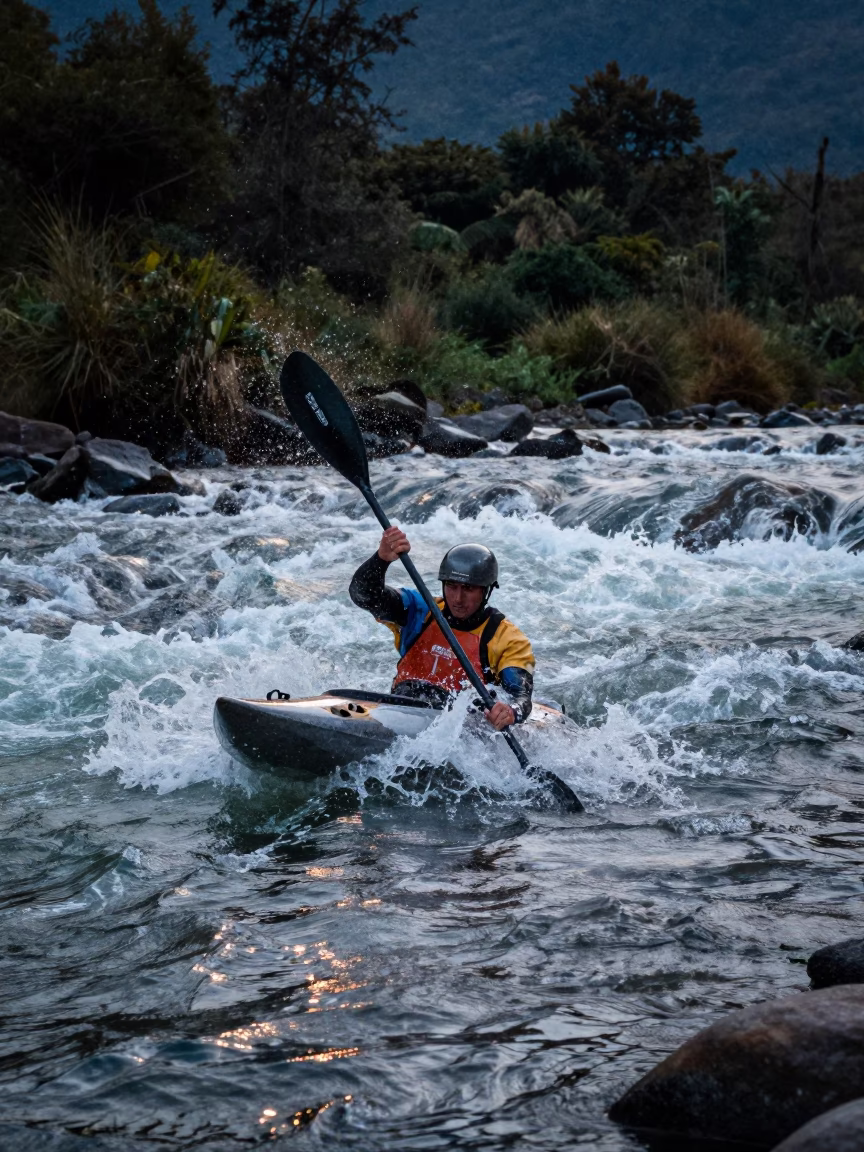Kayaker Rolling in Twilight Whitewater Foam in on a mountain path near Mufulira