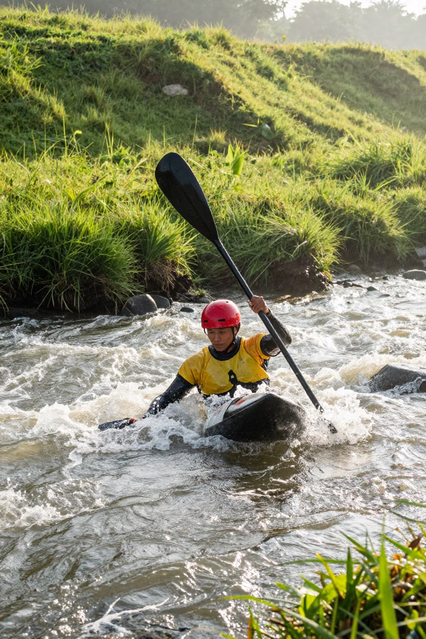 Kayaker Rolling in Wet Season Whitewater in on a hillside near Makassar