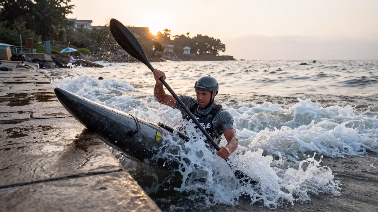 Kayaker Rolling Whitewater Dawn Harbor in at a harbor quay near Villa Nueva