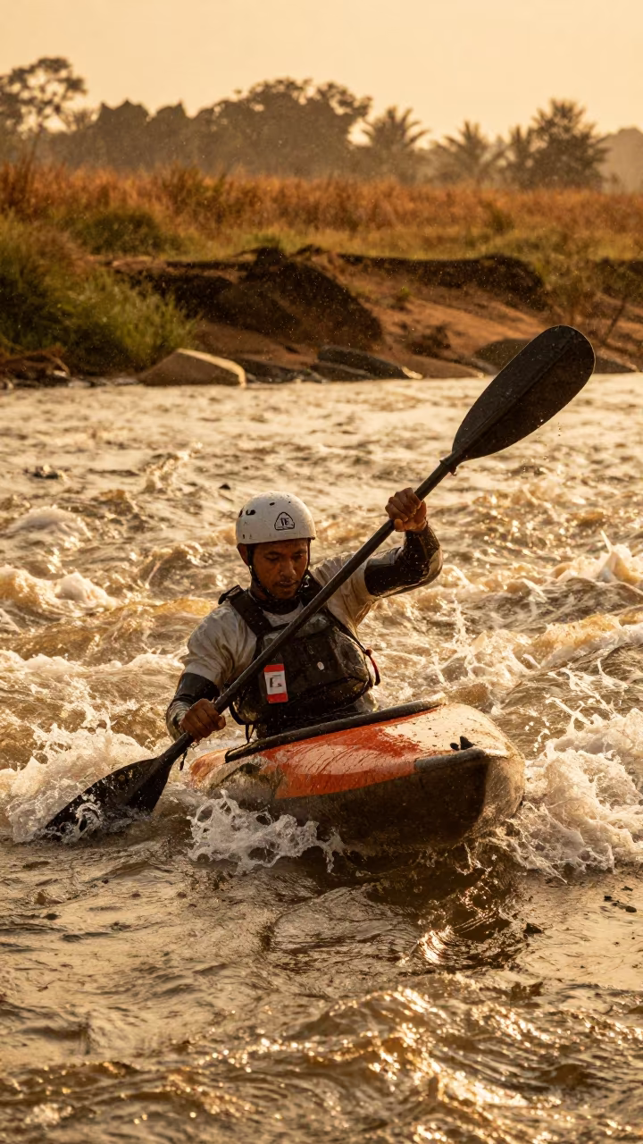 Kayaker Rolling in Whitewater at Golden Hour in near open fields near Uyo