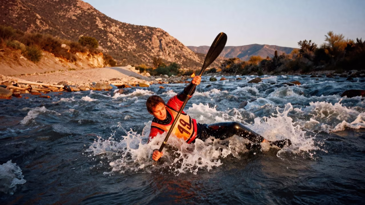 Kayaker Rolls Through Whitewater Foam in on a mountain path near Gómez Palacio