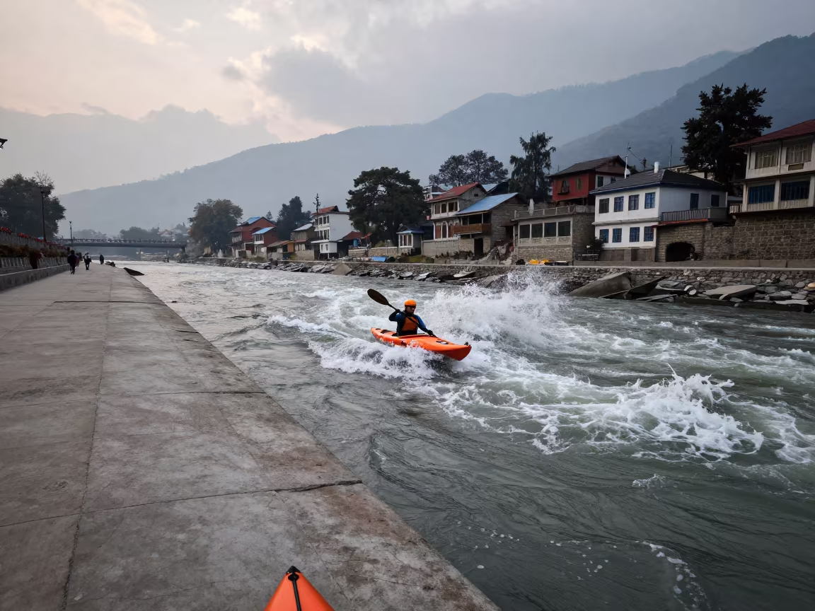 Kayaker on Standing Wave Near Thamel Kathmandu in on a wind-open causeway near Thamel, Kathmandu