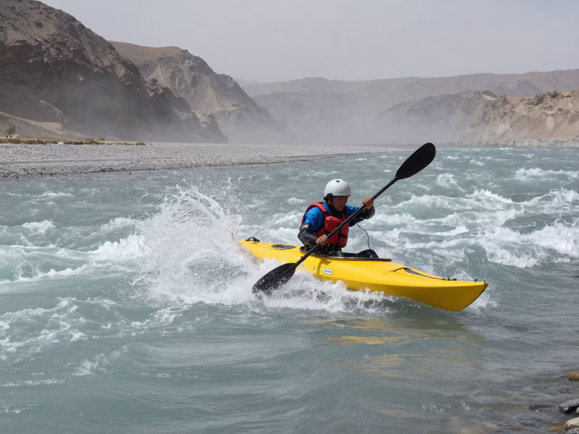 Kayaker Surfing Mountain River Wave in Tibetan Fog in beside a fogbound harbor mouth in Tibet