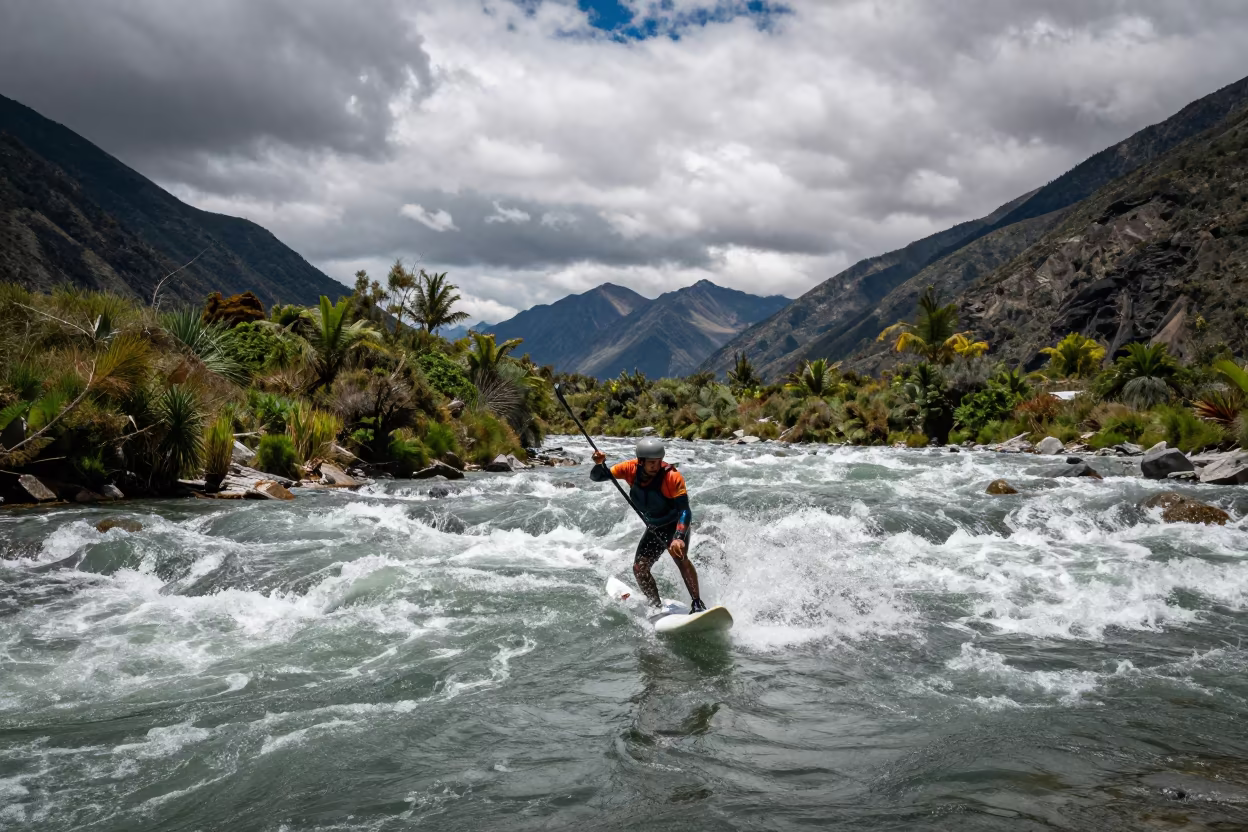 Kayaker Surfs Mountain River Wave Bolivia in in Bolivia