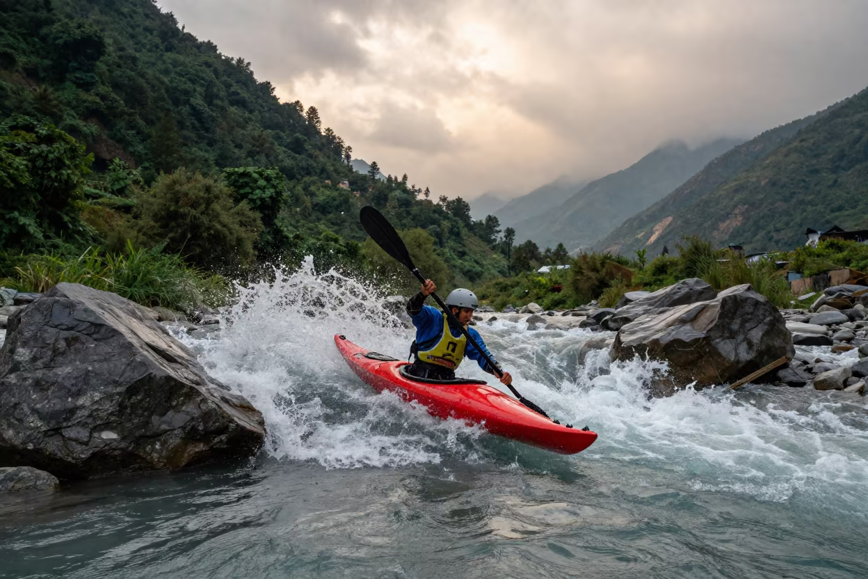 Kayaker Surfs Standing Wave Nepal River in in Nepal