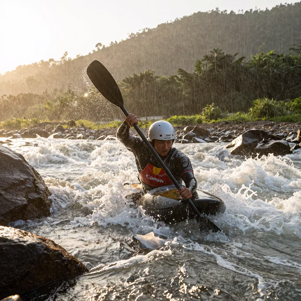 Kayaker Fights Whitewater in Macau Morning Rain in on a hillside near Macau