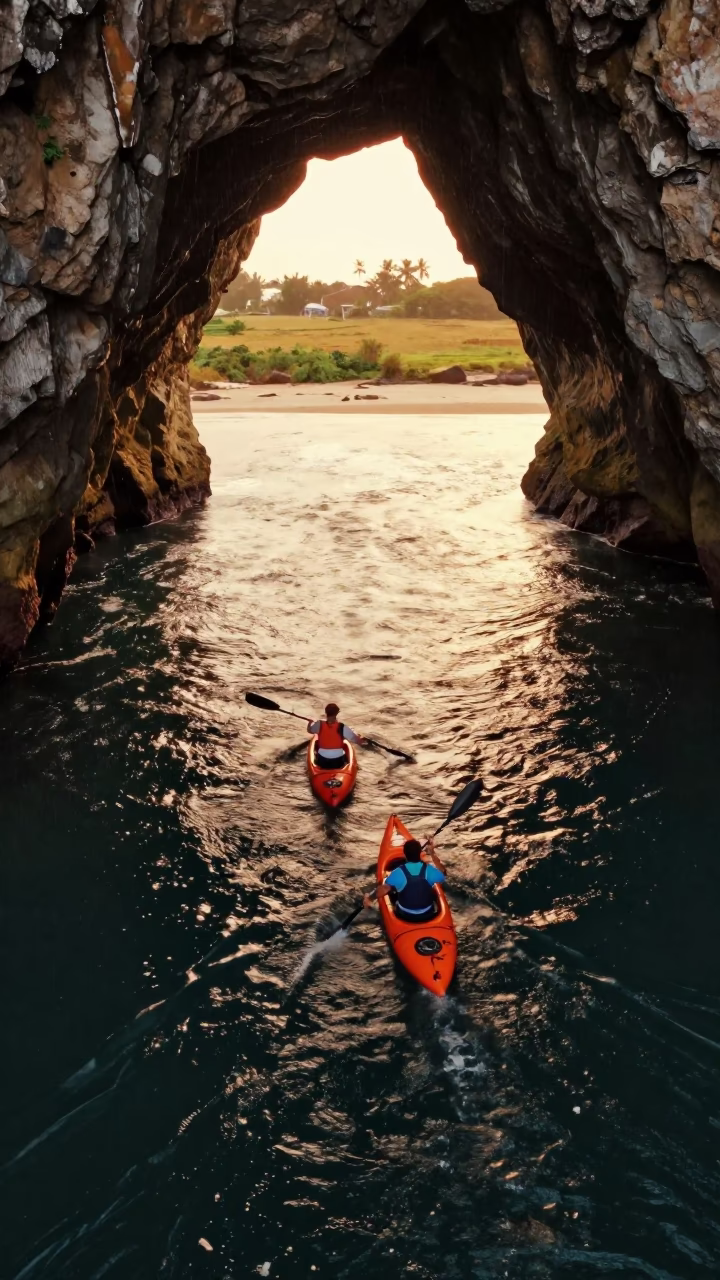 Kayakers in Sea Cave Golden Hour Havana in near open fields near Callejon de Hamel, Havana