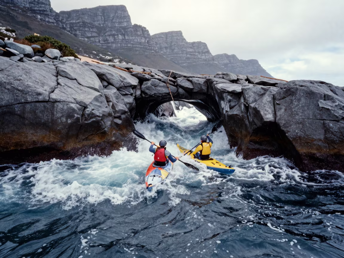 Kayakers in Sea Cave Aerial Winter Drizzle in on a mountain path near Cape Town