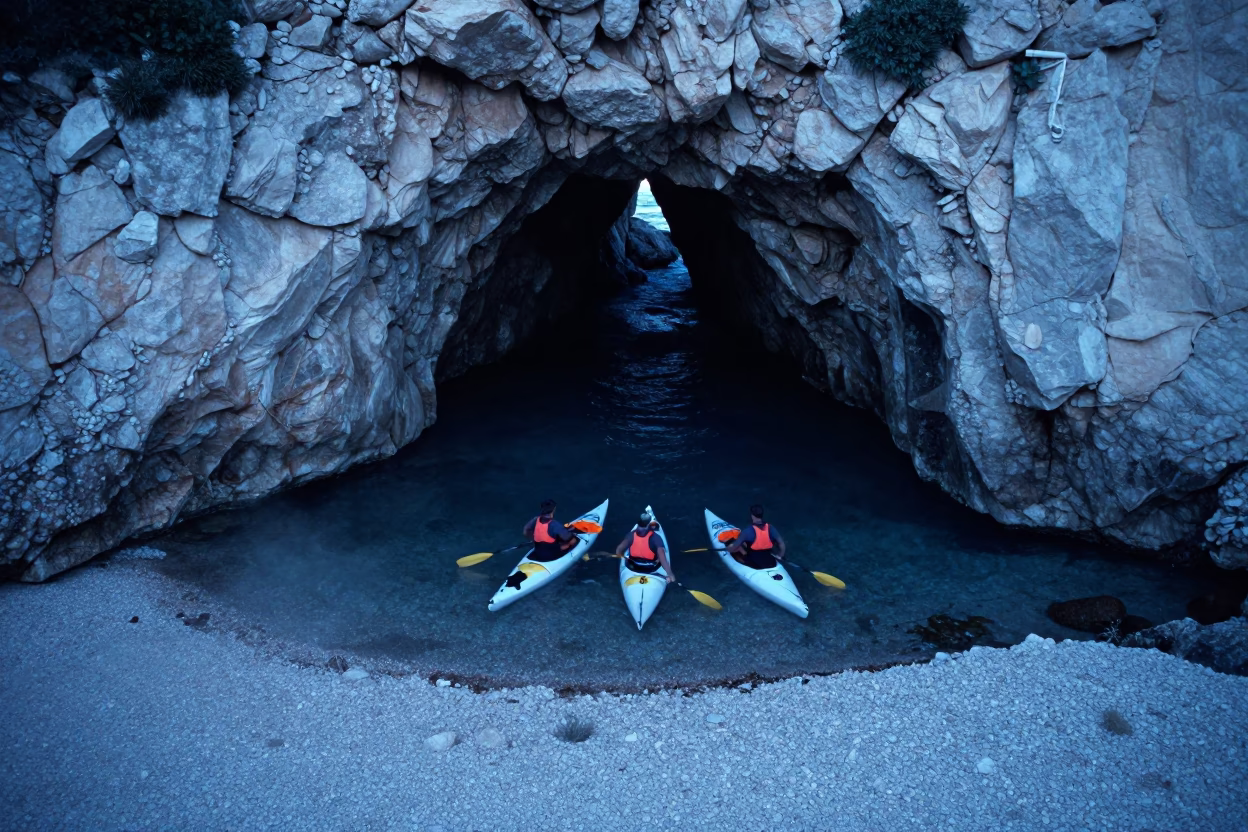 Kayakers in Sea Cave Blue Hour Marseille in at a roadside stop near Marseille