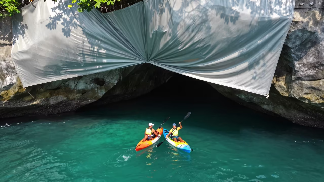 Kayakers in Sea Cave Under Dappled Light in near open fields near Mombasa