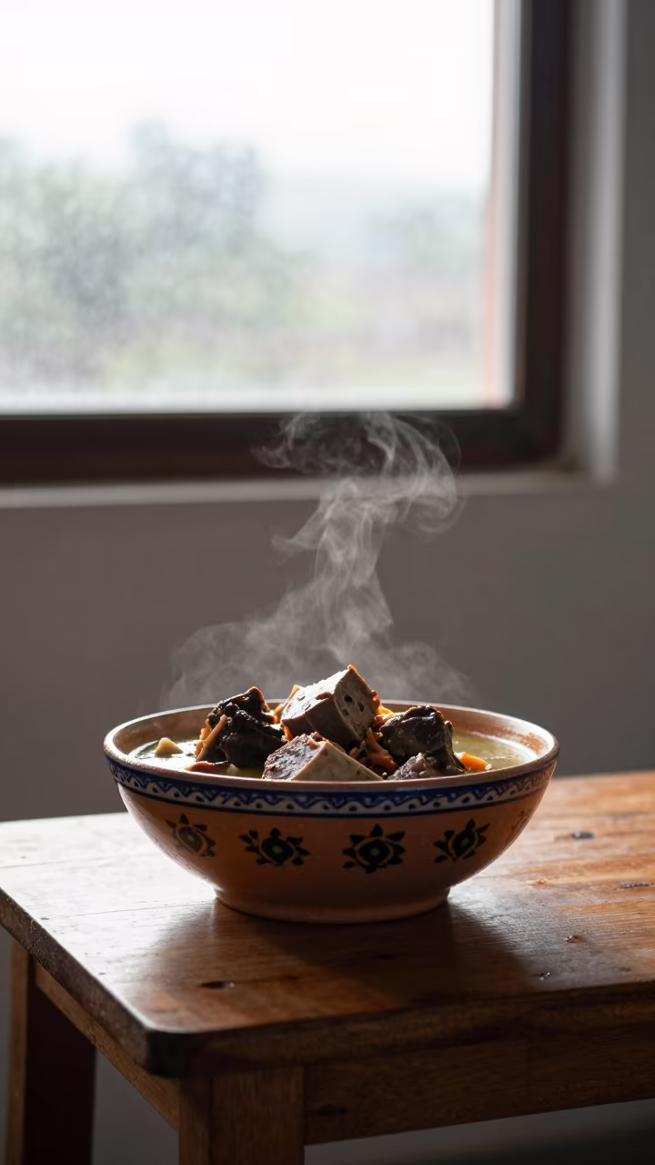 Kazakh Kuyrdak Offal Stew Bowl Midmorning in on a small dining table by a window in Ibagué