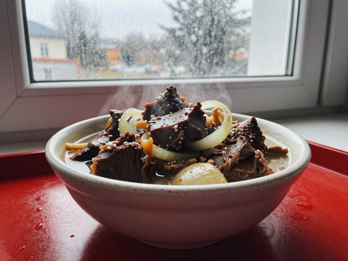 Kazakh Kuyrdak Stew Bowl on Lacquered Tray in on a lacquered tray in Port Moresby