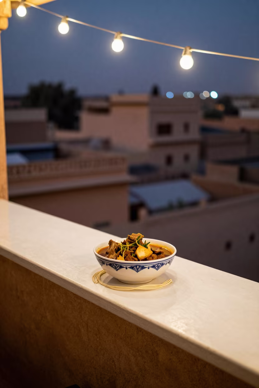 Kazakh Kuyrdak Stew on Jodhpur Noodle Counter in at a noodle counter in Jodhpur