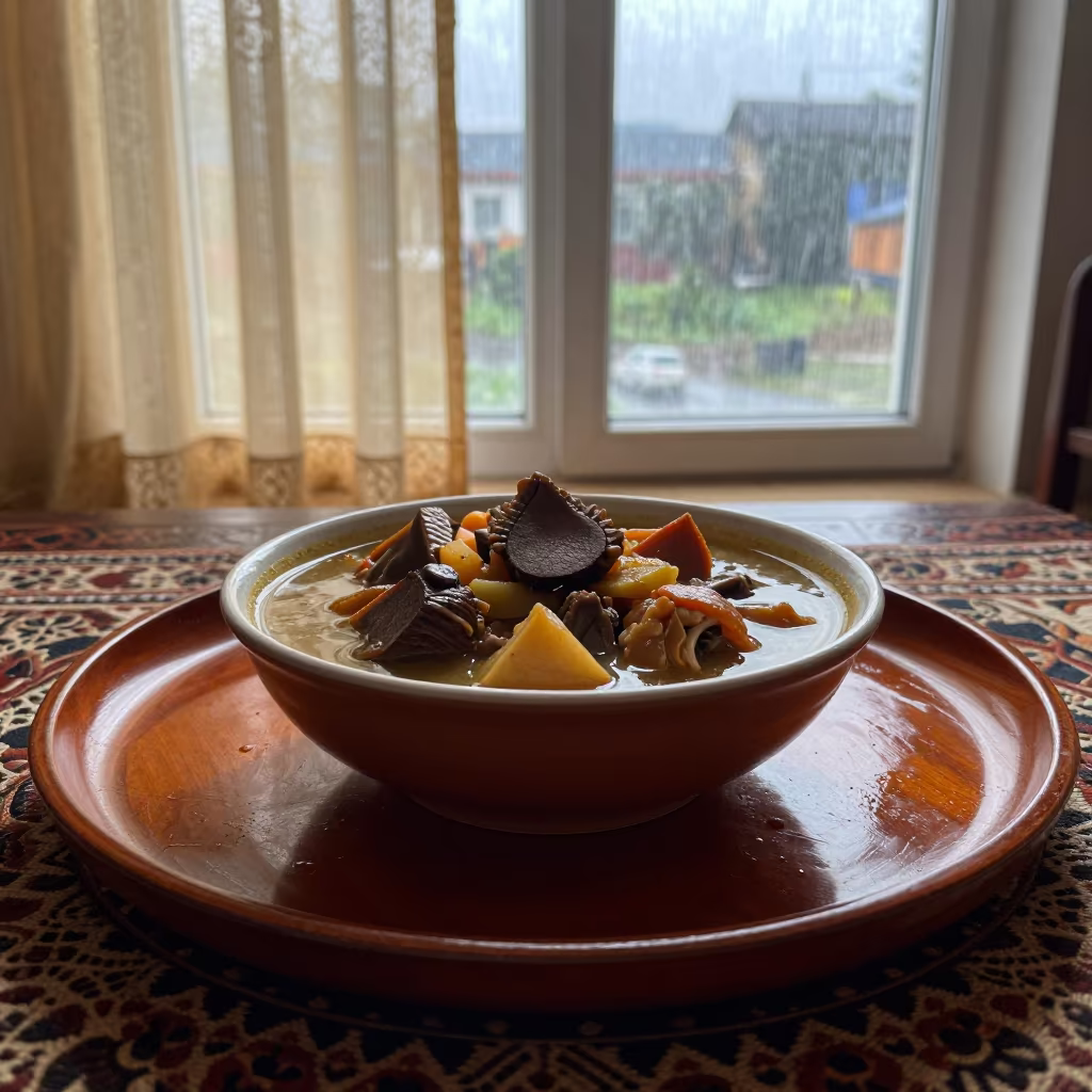 Kazakh Kuyrdak Stew on Lacquered Tray in Moshi in on a lacquered tray in Moshi