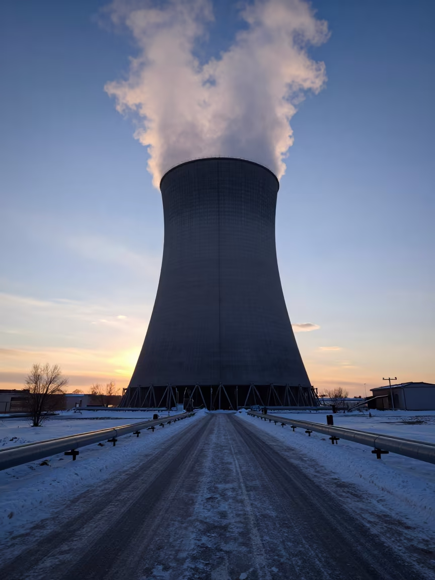 Kazakhstan Cooling Tower Steam Indigo Winter in along a service road lined with pipes in Kazakhstan