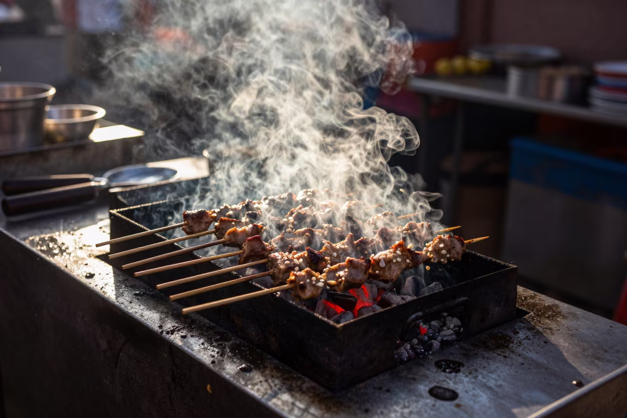 Kebab Grilling Over Coals at Saharanpur Market in at a fish market counter near Saharanpur