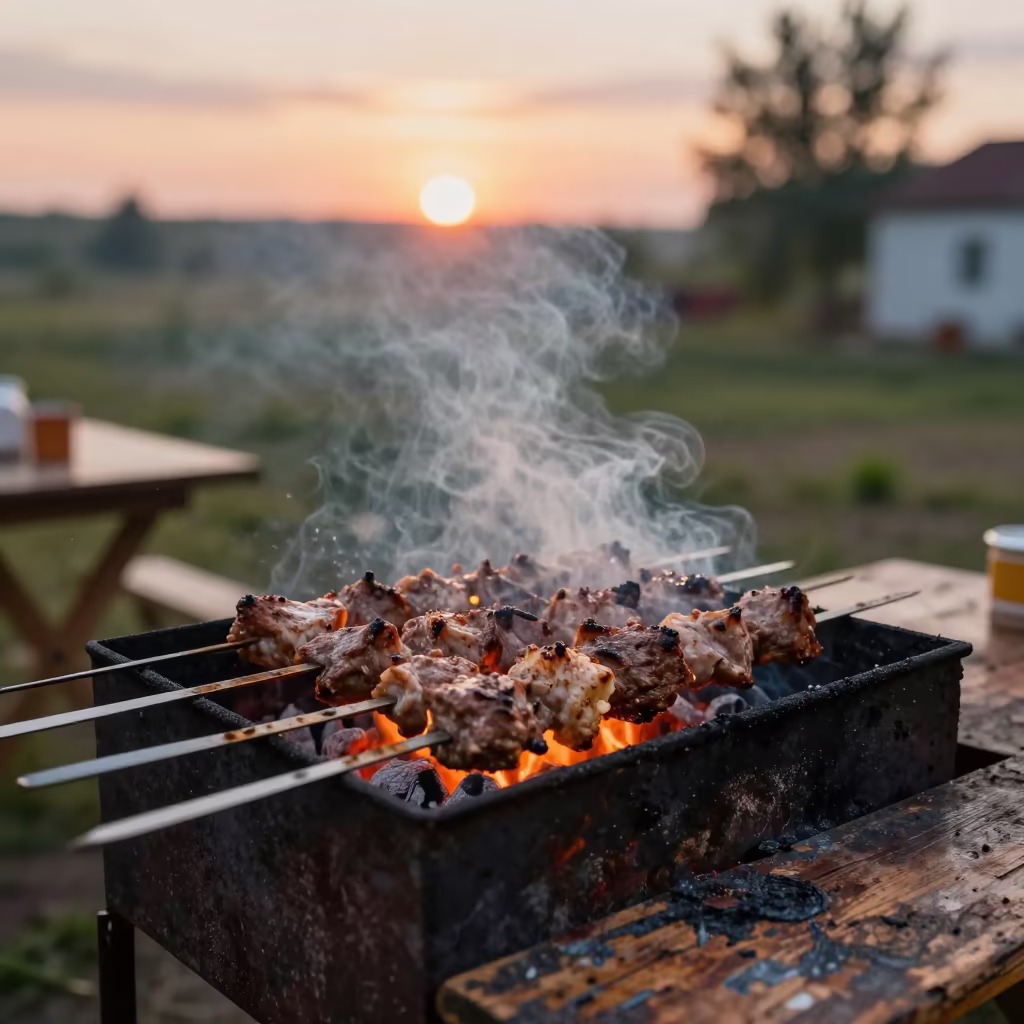 Kebab Grilling Over Coals at Sunset in on a weathered outdoor table near Semey