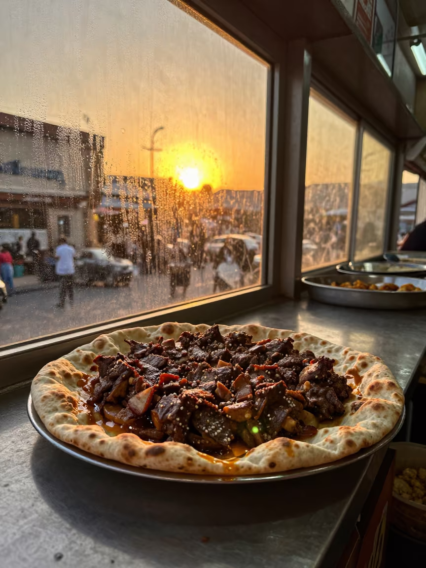 Kebab Koobideh on Lavash at Ait Melloul Market in at a market stall counter in Ait Melloul