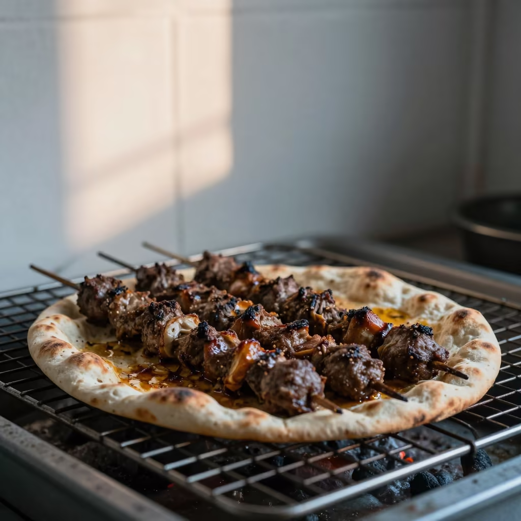 Kebab Koobideh on Lavash in Makeni Bakery in on a bakery cooling rack in Makeni