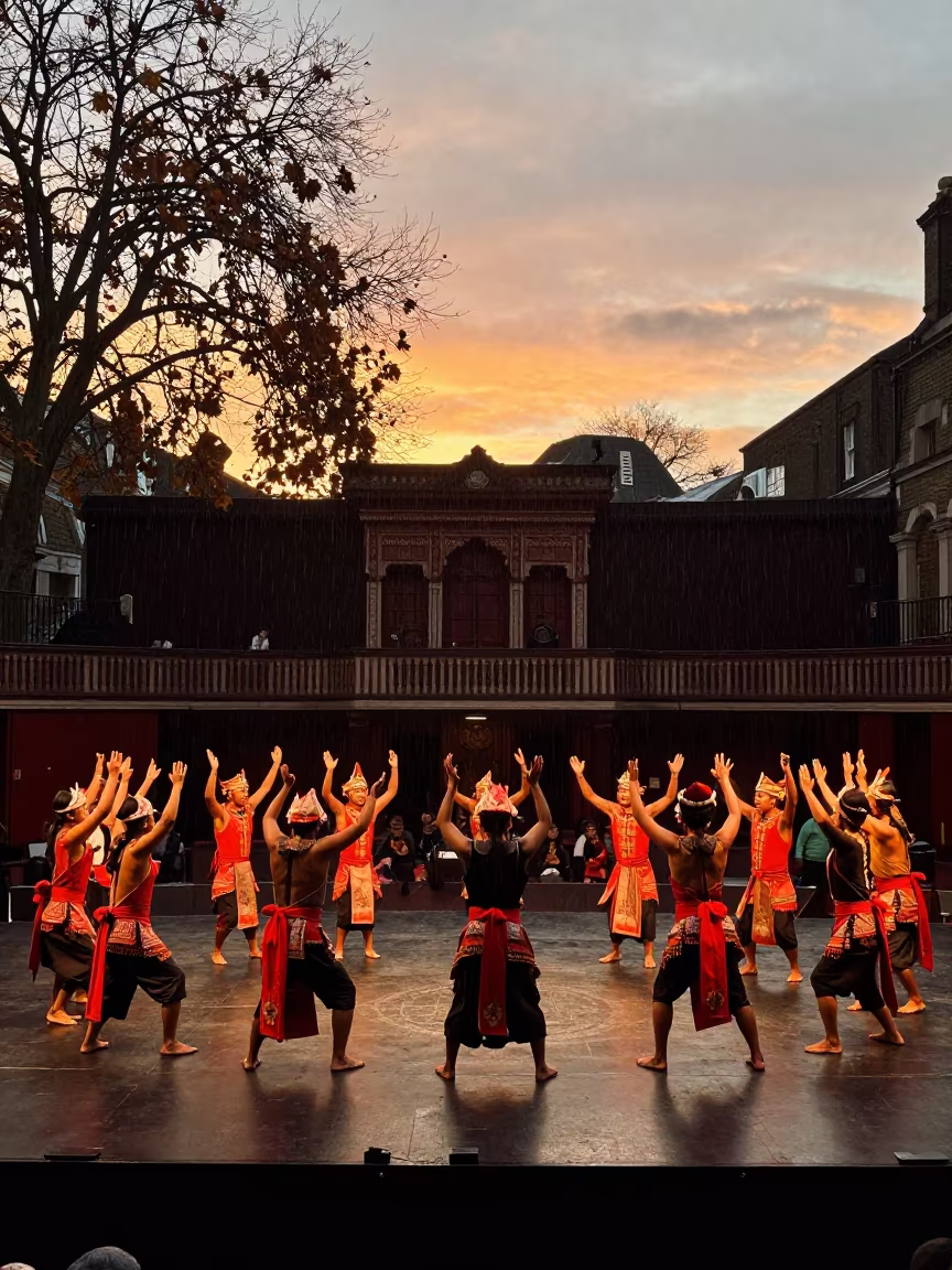 Kecak Dancers Circle Sunset Brixton Theater in on a theater stage in Brixton, London