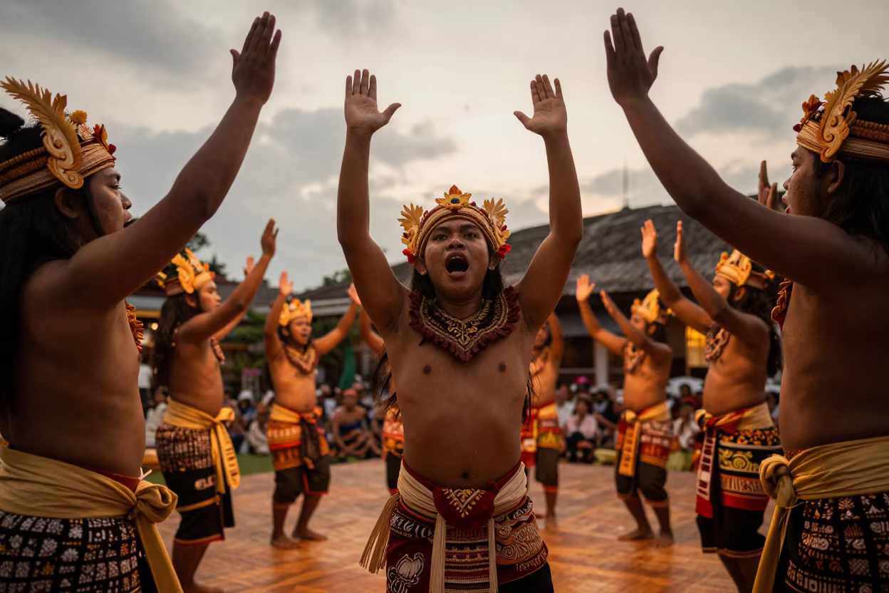 Kecak Dancers Circle Sunset in Karaman Hall in in a concert hall in Karaman
