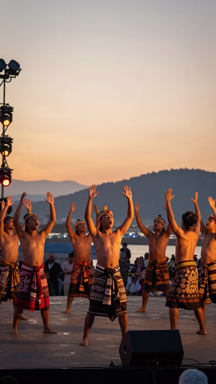 Kecak Dancers Circle at Sunset in Kobe in on a festival main stage in Kobe