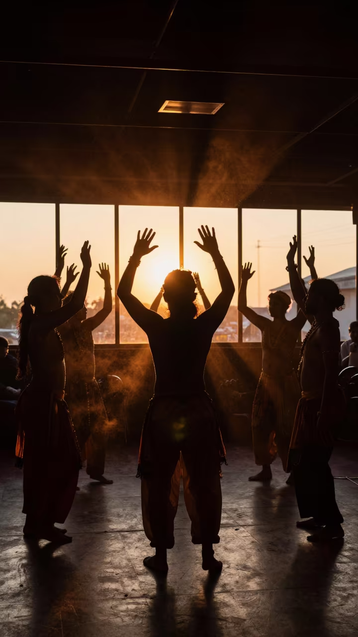 Kecak Dancers Silhouette at Sunset Jazz Club in at a jazz club in Indore