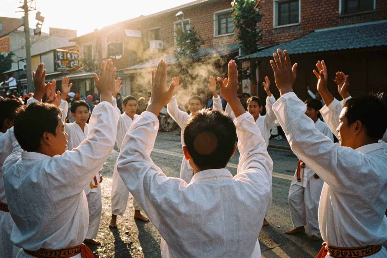 Kecak Dancers Sunset Circle Kunming Street Performance in at a street corner busking spot in Kunming