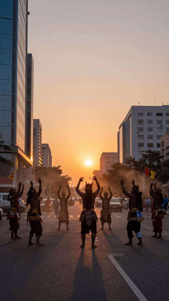 Kecak Dancers Sunset Silhouette Kuwait City Street in at a street corner busking spot in Kuwait City