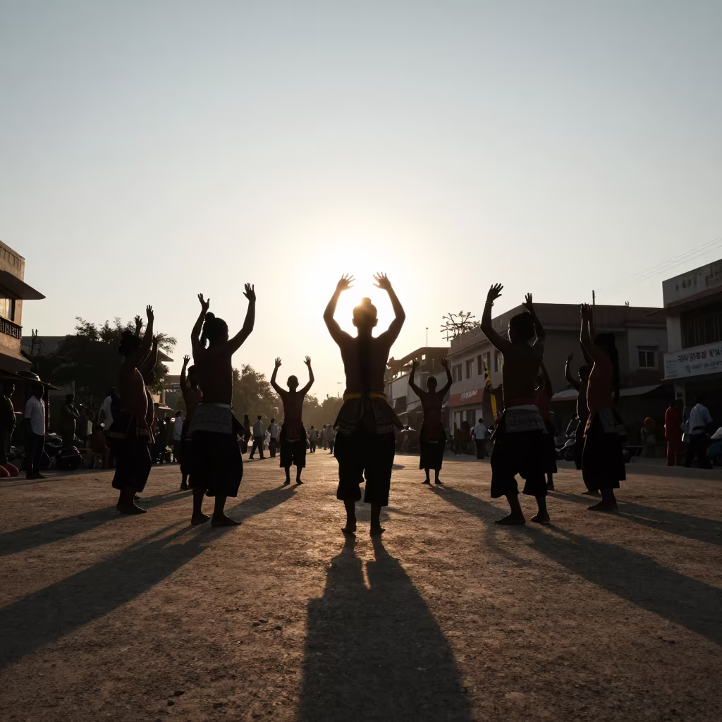 Kecak Dancers Silhouetted at Sunset Street Corner in at a street corner busking spot in Moradabad