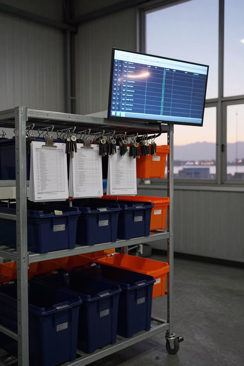 Keelung Depot Route Bins and Dispatch Sheets in at a fulfillment packing station near Keelung